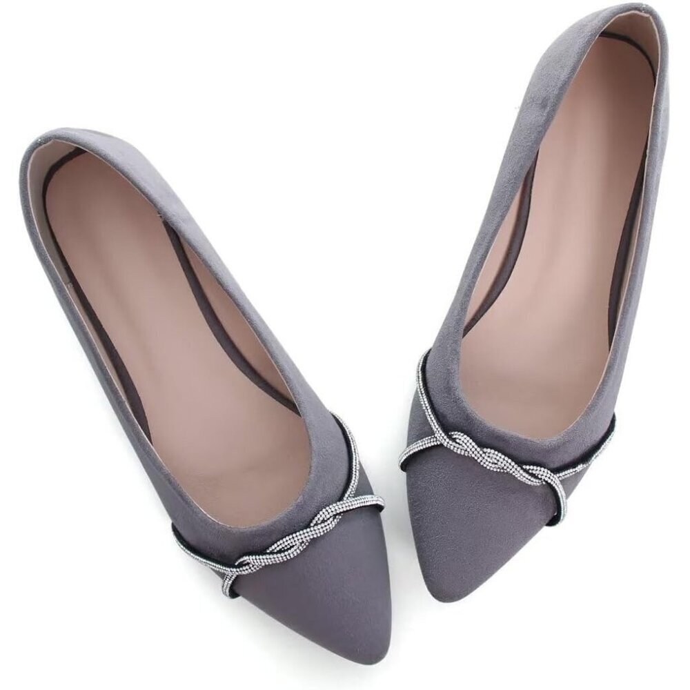 Women's Grey Casual Flats Fashion Chain Pointed Toe Ballet Flat Rhinestone - Picture 2 of 7
